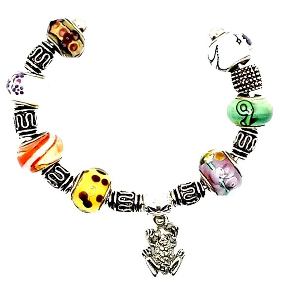 Colorful Frog Charm Cuff Bracelet Pendant Lampwork Handcrafted Glass Bead - Picture 4 of 7